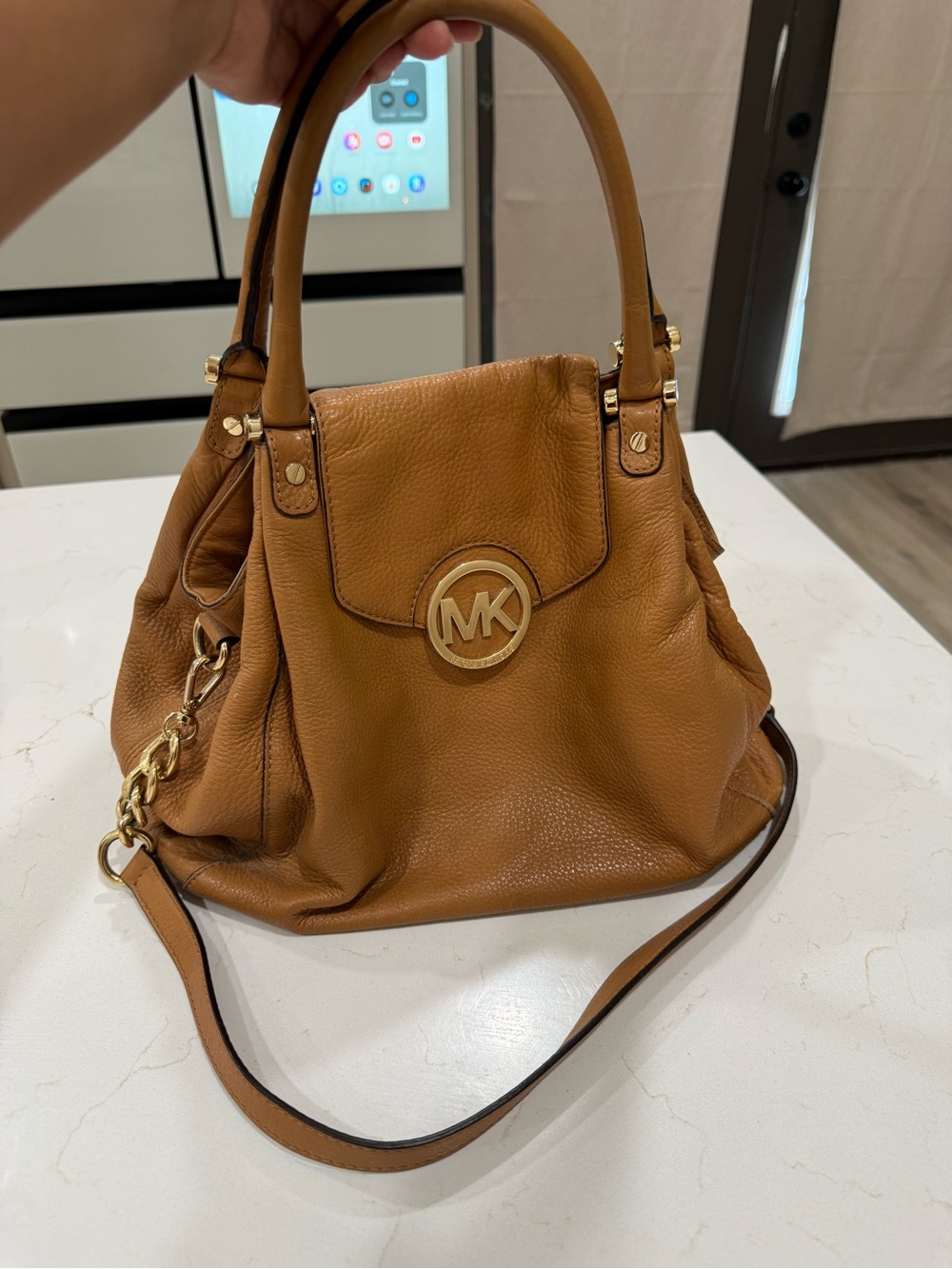 Michael Kors Cognac Leather Shoulder Bag with Gold MK Emblem